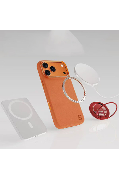 Raptic iPhone 17 Pro Max Uyumlu Kılıf M-Safe Şarj Özellikli Polimerik Deri Urban Nano Kapak Turuncu