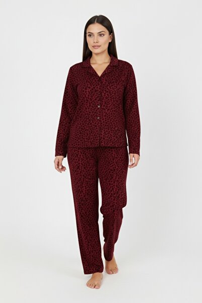 Bravie Luxury Soft Burgundy Leopard Print Long Sleeve Women's Pajama Set – Plus Size 3002