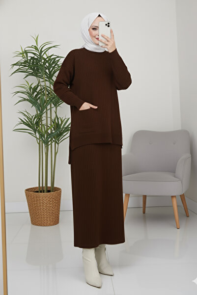 MODAQU Set de tricotaje Tesettür cu tunică și fustă - maro