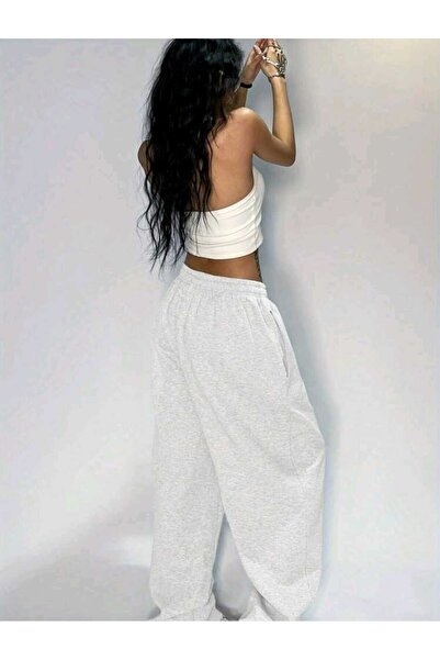 ELASSEL Χειμερινό γκρι γυναικείο φαρδύ παντελόνι σε μεγάλο μέγεθος, υψηλής πο...