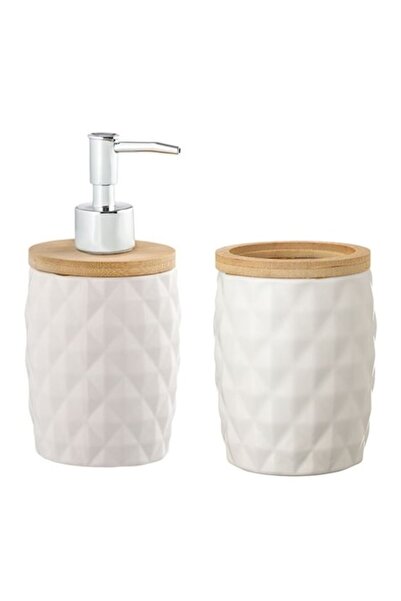 Kopenpal Set de baie, 2 piese, Dozator sapun, Pahar, Ceramica/Bambus, Alb