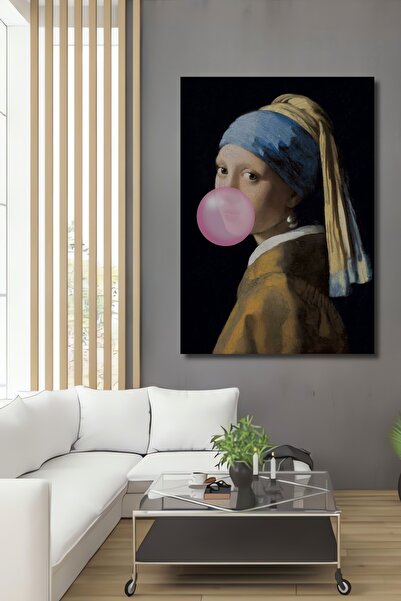 Teona Ahşap Dekoratif Ahşap Dikdörtgen Tablo İnci Küpeli Kız Balonlu