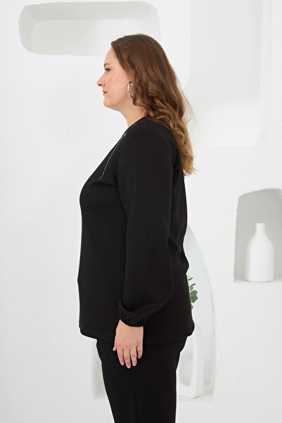 RMG Collar Detailed, Sleeves and Skirt Gathered, Plus Size Sweatshirt, Black