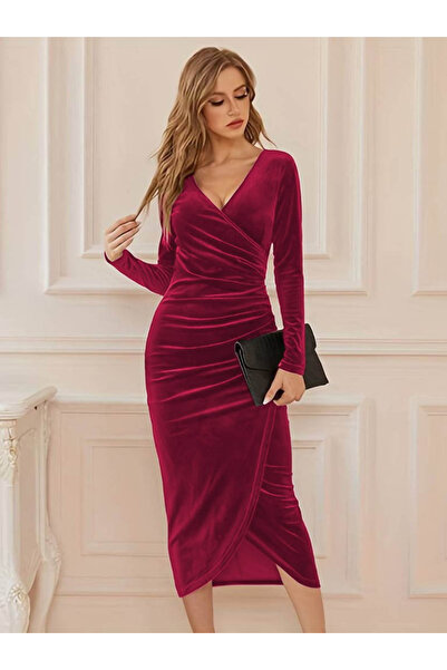 Wear Up Γυναικείο μακρυμάνικο μίντι βελούδινο φόρεμα με διπλό γιακά με λεπτομέρεια στη μέση