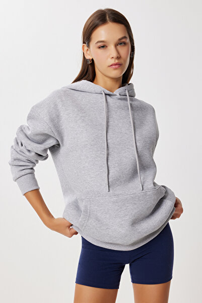 Lovelyİstanbul Πλεκτό φούτερ με κουκούλα Oversize LEN0042 ΓΚΡΙ ΜΕΛΑΝΙ