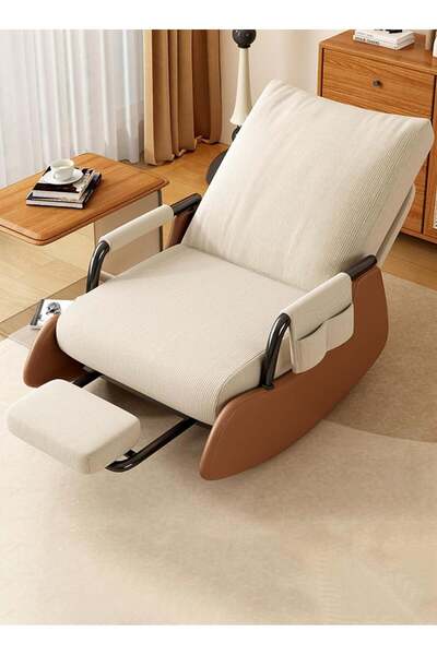 ESMART Folding Rocking Recliner Chair with Adjustable Backrest & Footrest, For Home & Office - Biege/Brown