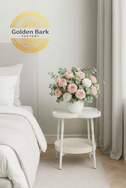 Golden Bark Modern Design Tea and Coffee Side Table with Lower Storage Shelf - White