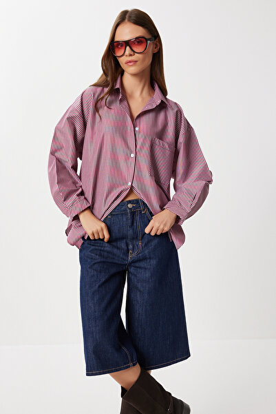 Lovelyİstanbul Striped Oversize Woven Shirt Ldz0050 Bordo