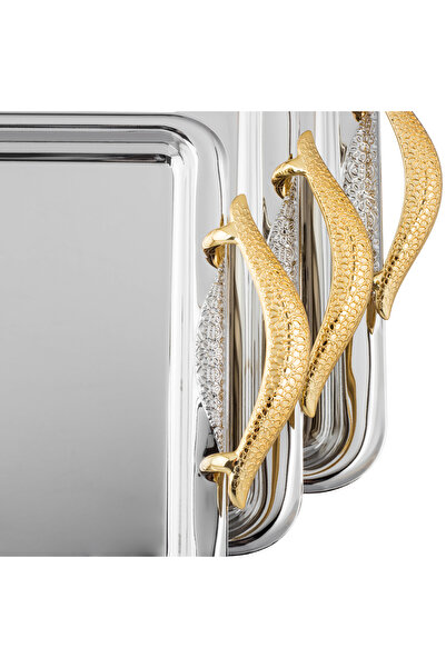 ALSAIF ✨ طقم صواني تقديم فاخر بثلاث قطع – تصميم معدني أنيق بمقابض ذهبية فخمة