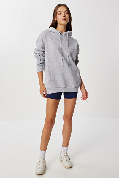 Lovelyİstanbul Πλεκτό φούτερ με κουκούλα Oversize LEN0042 ΓΚΡΙ ΜΕΛΑΝΙ