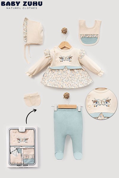 MİLAYS LİFE HOME COLLECTİON KIZ BEBEK 0-3 AY ORGANİK PAMUKTAN ÇİÇEKLİ KELEBEK NAKIŞLI 5Lİ HASTANE ÇIKIŞ ZIBIN SETİ