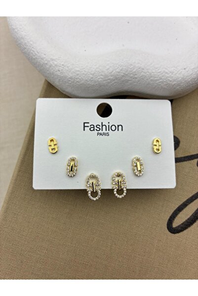 Hedef Bijuteri طقم أقراط موديل ميسيكا مكون من 6 قطع مرصع بحجر الزركون باللون الذهبي