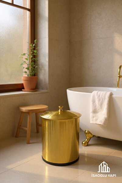İSAOĞLU YAPI Matte Gold Trash Can Vintage Classic Design Brushed Gold Metal Bucket