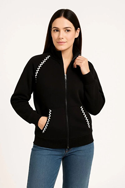 mzpkartan Women's Oversize Stand Collar Zippered Sweatshirt - Chain Embroidered Kangaroo Pocket, - Black