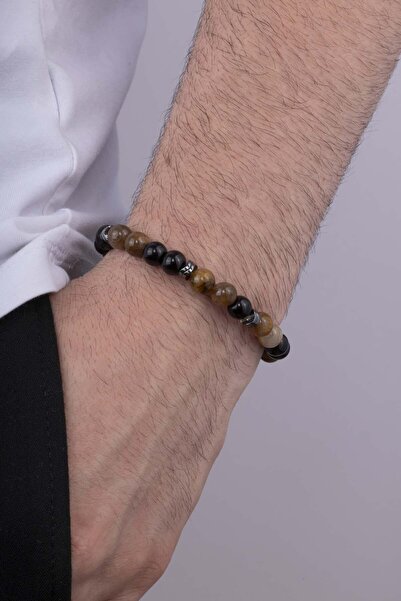 Gümüş Pazarım Round Cut Veined Agate Stone Natural Gemstone Men's Bracelet