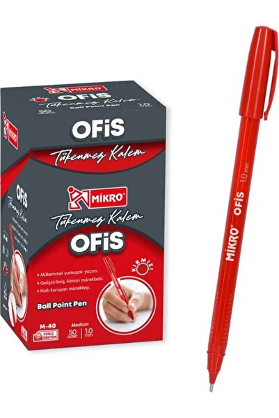 Mikro Kırmız Ofis Tipi Tükenmez Kalem 50 Adet Ball Pointpen Kırmızı