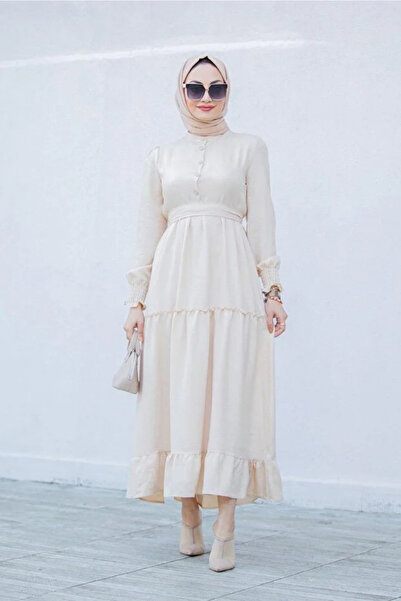 Tesettür Diyarı Rochie de in cu detaliu volanat la fustă - Bej