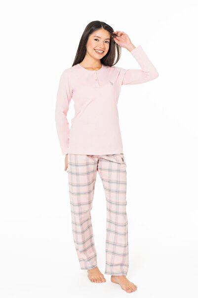 U.S. Polo Assn. Kadın Uzun Kollu Altı Kareli Pijama Takımı S26169 Bisiklet yaka düğmeli
