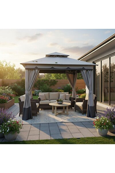Danube Home Delight Steel Gazebo with Curtain - Grey 2.7x2.7m Outdoor Living ...