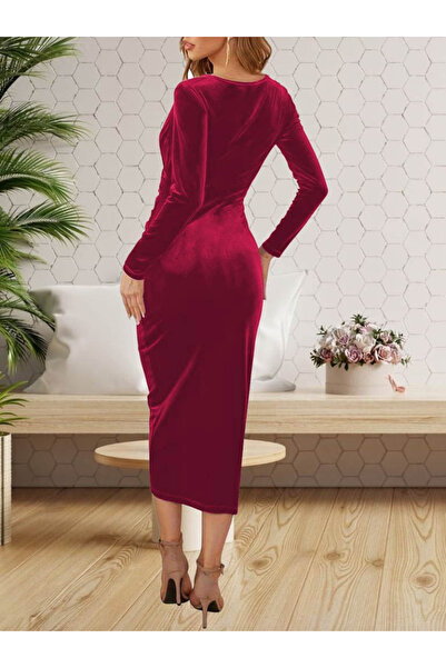 Wear Up Γυναικείο μακρυμάνικο μίντι βελούδινο φόρεμα με διπλό γιακά με λεπτομέρεια στη μέση