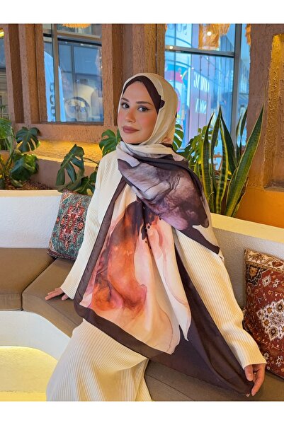 Mira İpek Desenli Pamuk Soft Şal Soon Serisi Kahverengi Krem Gül ps115