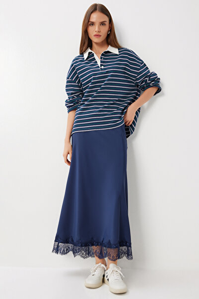 Lovelyİstanbul Fusta midi din satin cu detaliu din dantela LDP0085 ALBASTRU ÎNCHIS