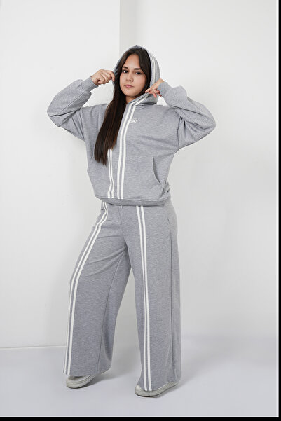 HayKids Kız Çocuk Geniş Paça Cizgi Kapşonlu Gri Alt Üst Takım 10-11-12-13-14 Yaş