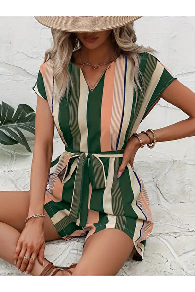 Wear Up Women's Short Sleeve V-Neck Waist Belted Linen Jumpsuit