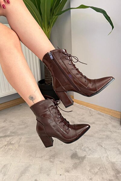 Preshley Women's Cora Brown Patent Leather Side Zipper Lace-Up Detailed Thick Heeled Pointed Toe Boots