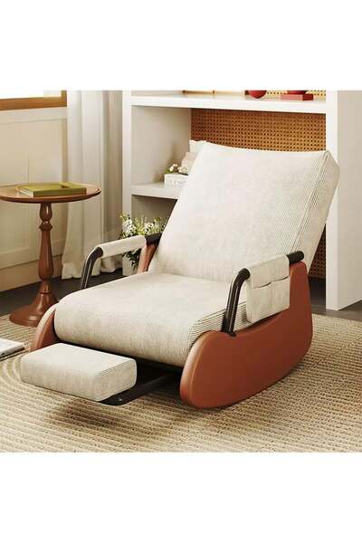 ESMART Folding Rocking Recliner Chair with Adjustable Backrest & Footrest, For Home & Office - Biege/Brown