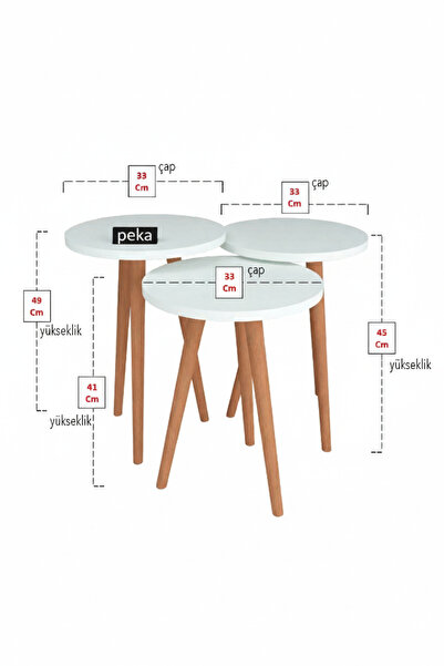 PEKA Zigon Sehpa Doğal Kayın Ağacı Ahşap Ayaklı 3’lü Set Yuvarlak