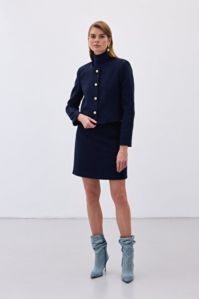 Sateen Düğme Detaylı Mini Tüvit Etek - Lacivert