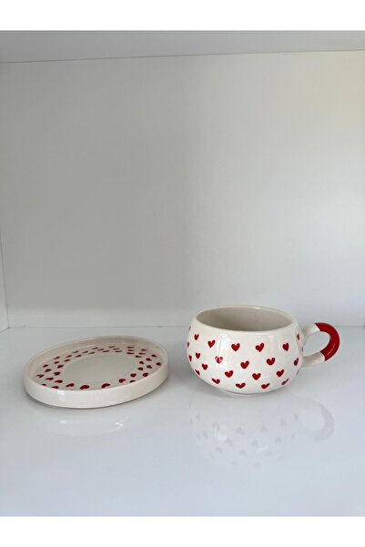evlashop Heart Patterned Ceramic Cup/Mug with Plate
