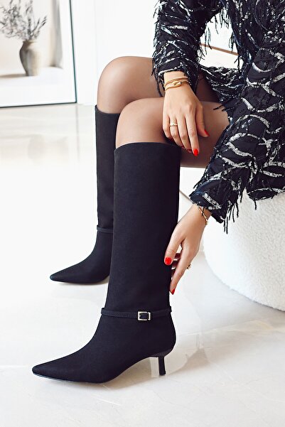 POLKA STORE Fall Kitten Heel Below-The-Knee Pointed Toe Piping Tape Detail Matte Leather Women's Boots Black Suede