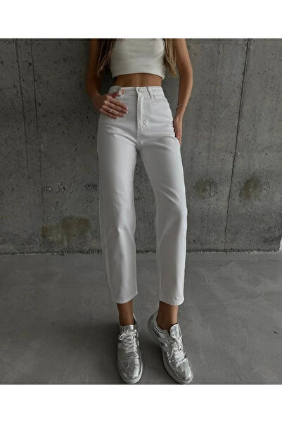 WODDİ Soft Women's Mom White Stretch Fabric Relaxed Fit Jean Denim Trousers N...