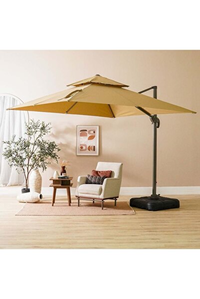Danube Home Alina Outdoor Umbrella with Base - Beige, Aluminium & Polyester, 1 Year Warranty, 300cm Canopy