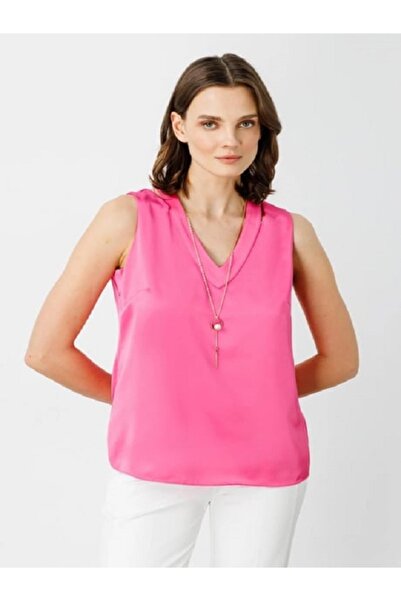 Ekol بلوزة نسائية وردية اللون بدون أكمام وياقة على شكل حرف V 1004