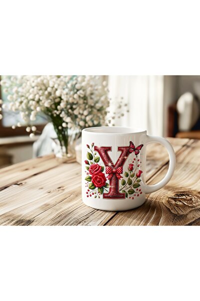 Beramussa Letter Y Glitter Rose Mug – Coffee Tea Cup with Red Bow and Floral ...