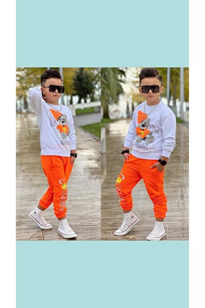 ALARAÇOCUKKIDS Unisex Ayıcıklı Neon Turuncu Eşofman Takımı
