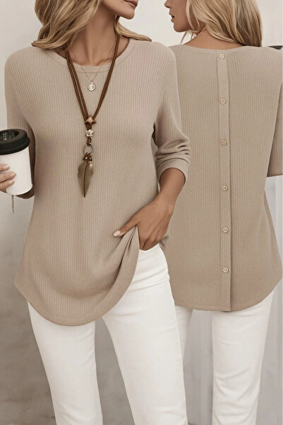 Butik بلوزة نسائية بأكمام طويلة وياقة دائرية وأزرار خلفية من قماش الوافل