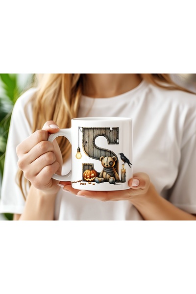 Beramussa Letter S Halloween Themed Bear Mug Cup – Halloween Crow and Pumpkin...