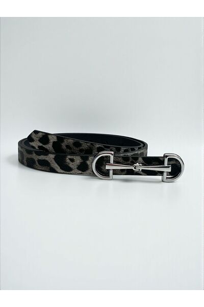Kemerix Women's Leopard Detailed Silver Buckle Thin Belt