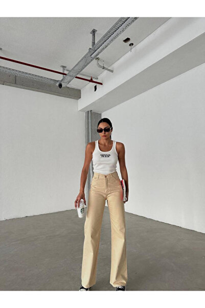 dressmix Κρεμ γυναικείο φαρδύ τζιν παντελόνι Palazzo Άνετο κομμένο τζιν παντελόνι New-2