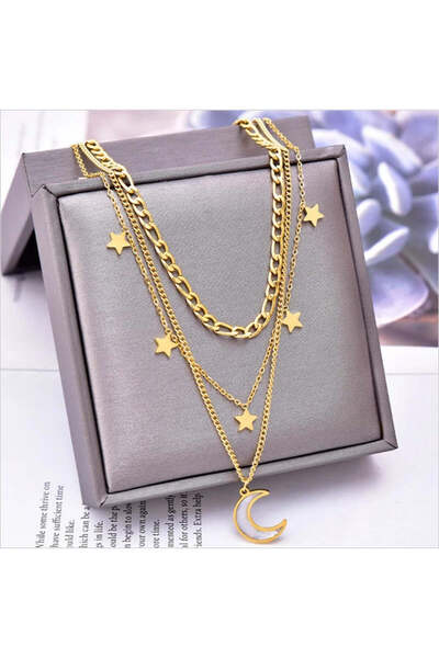 Pursehuit Colier auriu, din oțel inoxidabil, aur de 18k, 3 straturi, cu stele...