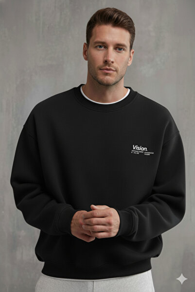 dwnwear Ανδρικό φούτερ χειμερινό, χαλαρό και κανονικό, με λαιμόκοψη, με στάμπα Vision