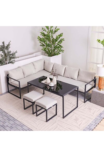 Danube Home طقم كنب زاوية خارجي أدورا، ٨ مقاعد - لون بيج، فولاذ، ٢ عثماني وطاولة قهوة، ضمان لمدة عام