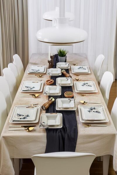 Erbaşlar 24 Parça Gri Lotus Çiçeği Lüx Seramik 6 Kişilik Yemek Takımı (1)