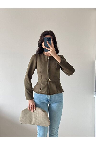 LOCH BUTİK Γυναικείο πράσινο μακρυμάνικο σουέτ μπουφάν με ζώνη