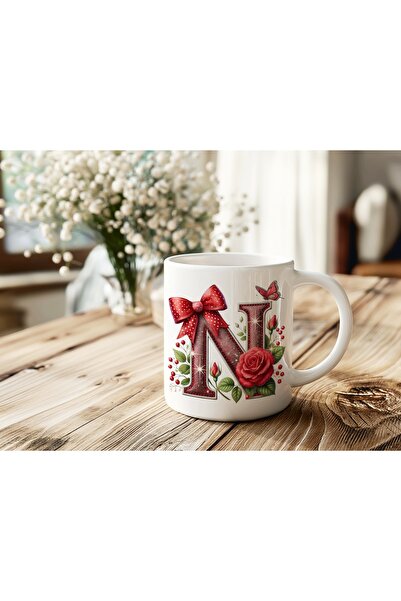 Beramussa كوب حرف N اللامع باللون الوردي - كوب شاي وقهوة مزين بفيونكة حمراء و...