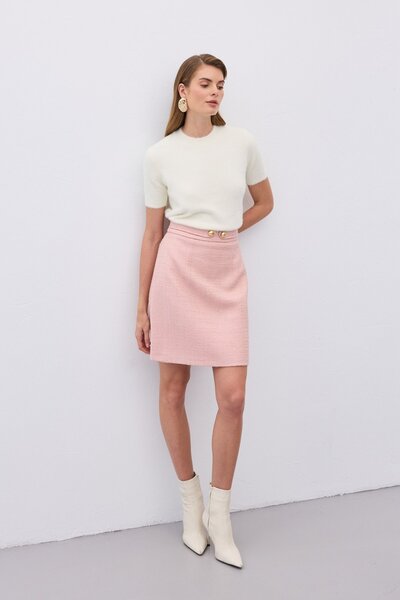 Sateen Μίνι τουίντ φούστα με λεπτομέρεια με κουμπιά - Πούδρα